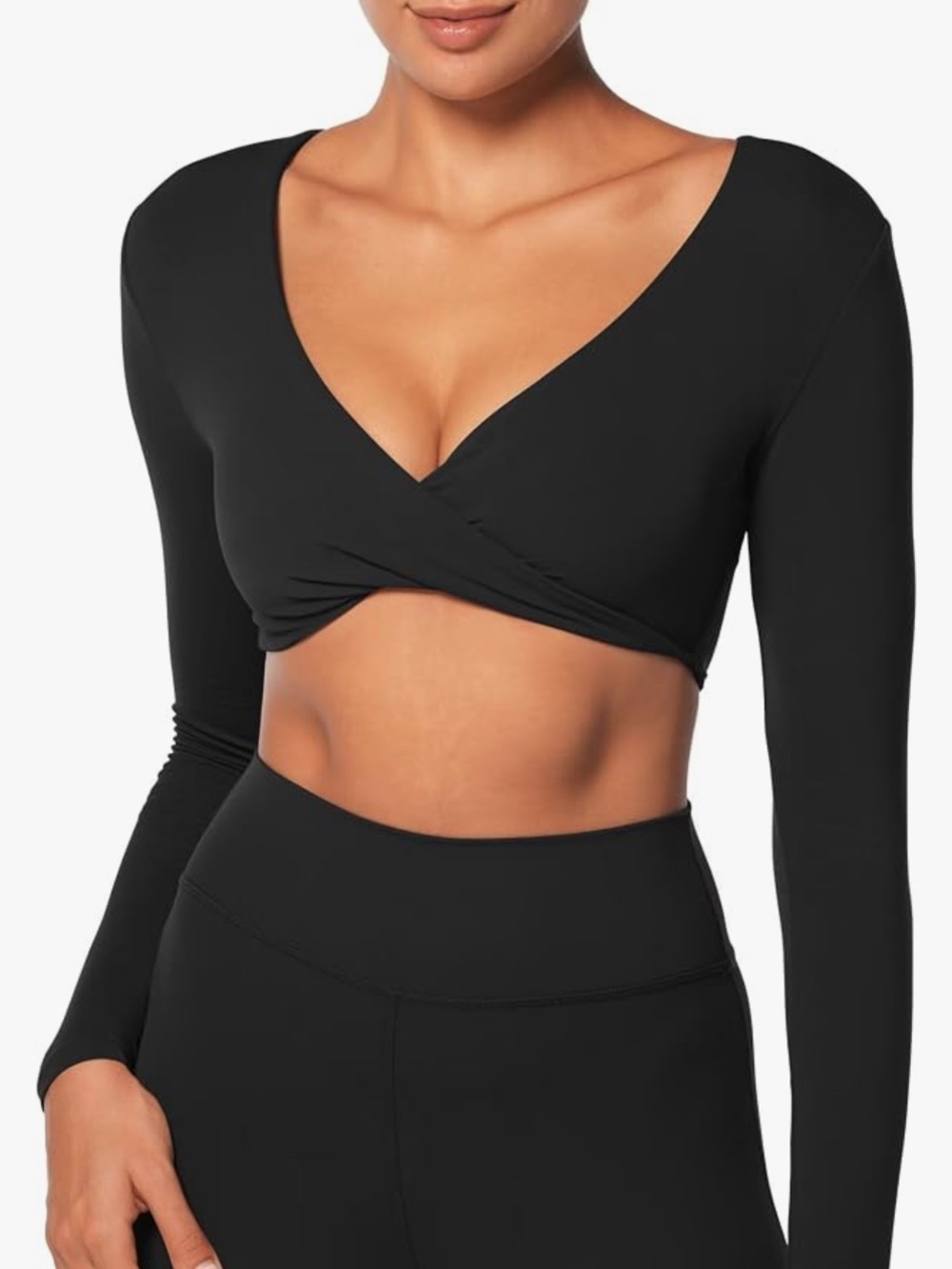 SUNZEL Long Sleeve Black Twist-Front Crop Top